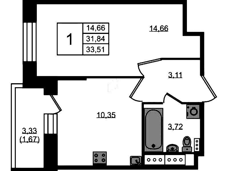 1-комнатная квартира 33.51 м², 9/11 эт., ЖК «Новое Колпино»